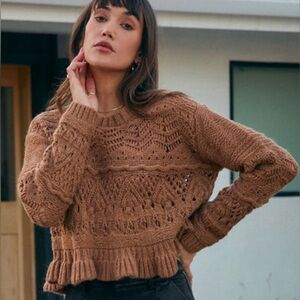 SALTWATER LUXE Coco Sweater Cropped Ruffle Pullover Brown Size Small NWT